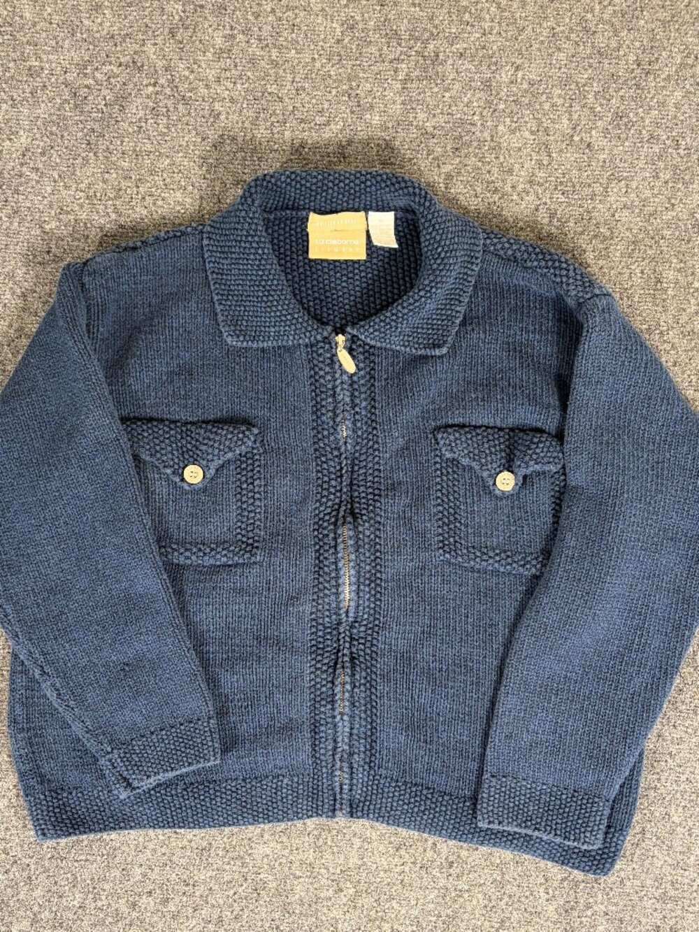 VTG Liz Claiborne Liz Wear Navy Full Zip Cardigan Sweater XL Knitted by Hand